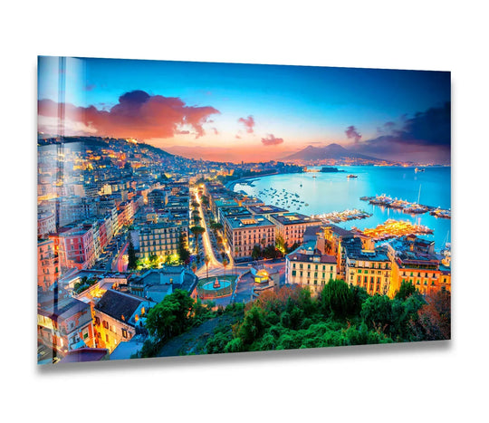 City Prints glass wall art sunset hues and Naples skyline plus cityscape view and bay decor for refined spaces