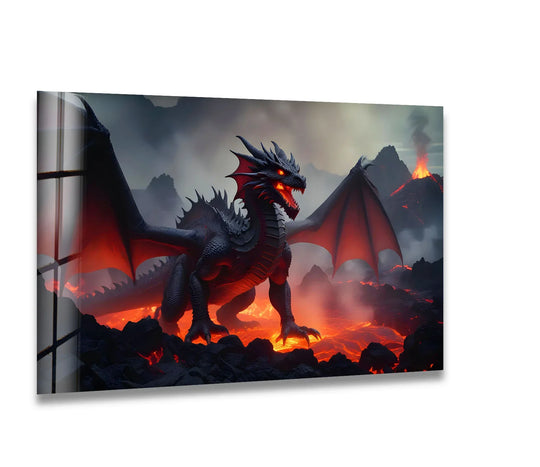 A fierce red dragon, surrounded by fiery lava, beautifully captured on high-quality glass wall art.
