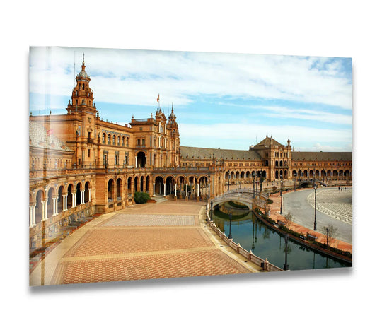 Contrasting light and shadow define the Plaza de España in this glass art, highlighting the majestic architecture and reflections in the scenic canal view, a captivating piece of glass art.