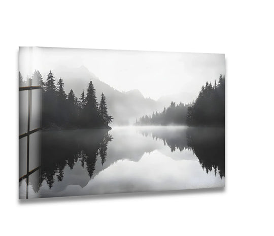 Layers of misty mountains and forest are beautifully captured in this scenic black and white glass art, creating exceptional depth and tranquility.