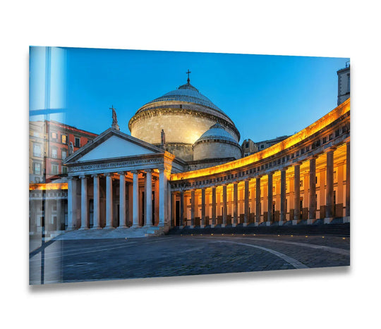 Dramatic color contrast accentuates the illuminated Piazza del Plebiscito columns against the deep twilight sky in this Naples tempered glass wall art.