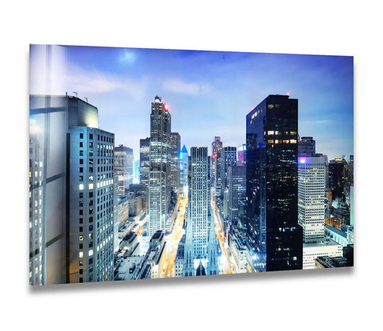 City Prints glass wall art stunning night view of downtown skyscrapers and streets and Chicago Skyline cityscape that reflects lights and architecture