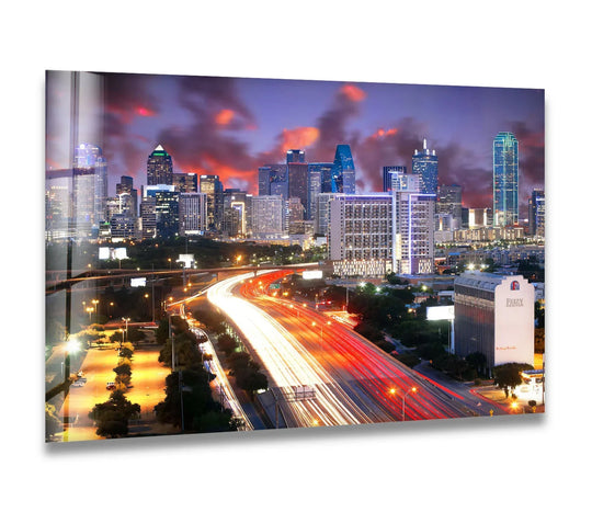 Showcasing the realistic detail, this Dallas skyline glass wall art captures a stunning downtown dusk scene with vibrant light trails, making it one of the best wall prints.