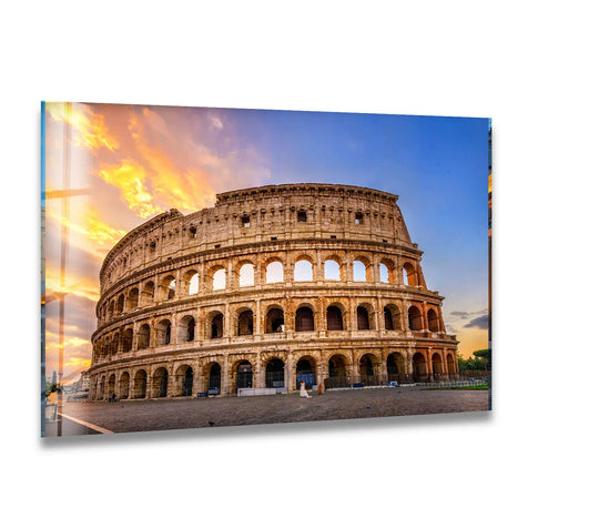 The dynamic clouds seem to swirl around the ancient Rome Colosseum in this captivating glass art painting, evoking a palpable sense of historic movement at sunset.