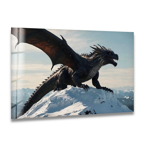 Majestic Dragon: A fierce dragon atop a snowy mountain in stunning glass wall art.
