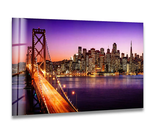 City Prints glass wall art bay bridge and city lights at night and San Francisco city skyline art with a purple sunset