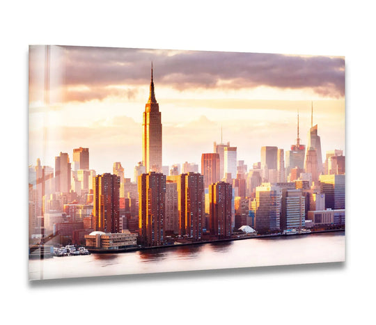 City Prints featuring the Empire State Building and a stunning NYC skyline on glass wall art at sunset
