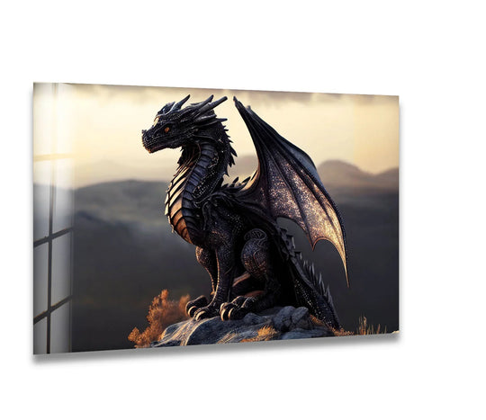 Majestic dragon standing proudly in a tranquil landscape, exuding strength and grace.
