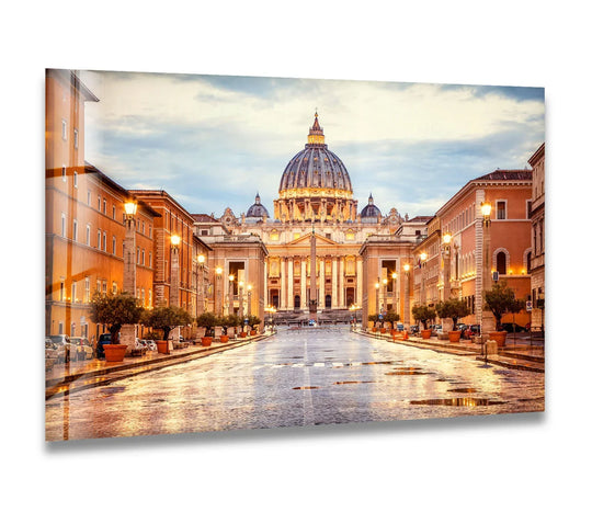Highlighted by the finish, the Vatican City glass wall art presents St. Peter's Basilica with a sleek, modern look, ideal as hanging wall art to brighten any space.