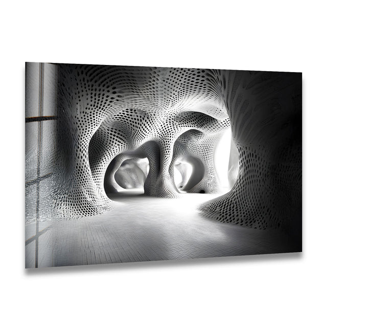 Futuristic abstract architecture captured in stunning black and white glass wall art, adding depth and modern elegance to any space.
