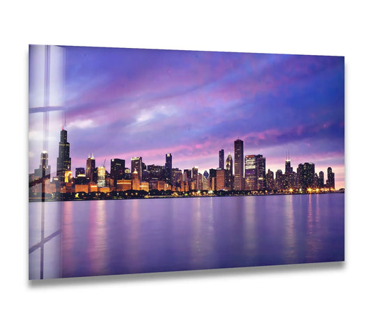 City Prints glass wall art Chicago Skyline art and stunning view of Downtown Chicago at sunset overlooking Lake Michigan