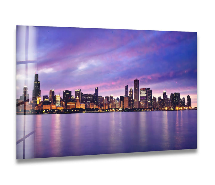 Glaswandkunst mit der Skyline von Chicago – Atemberaubender Blick auf die Innenstadt von Chicago bei Sonnenuntergang