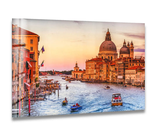Vast stretches of azure negative space surround the iconic Venice Canal at sunset, a stunning piece of glass art capturing the Grand Canal view filled with boats.