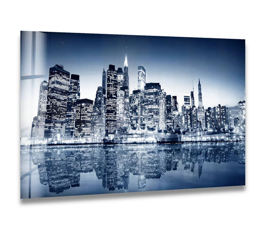 City Prints featuring black and white New York City skyline with glossy reflection and iconic NYC view a stunning city wall art