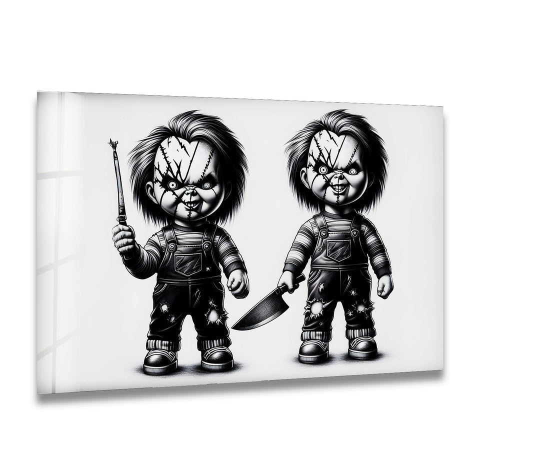 A chilling black and white horror glass wall art, featuring eerie characters in haunting detail.

