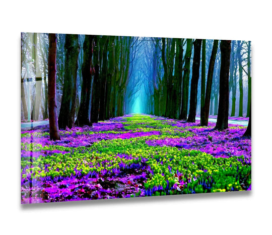 Visual rhythm flows through this flower pathway glass art painting, with rows of trees echoing the ground's vibrant floral arrangement.