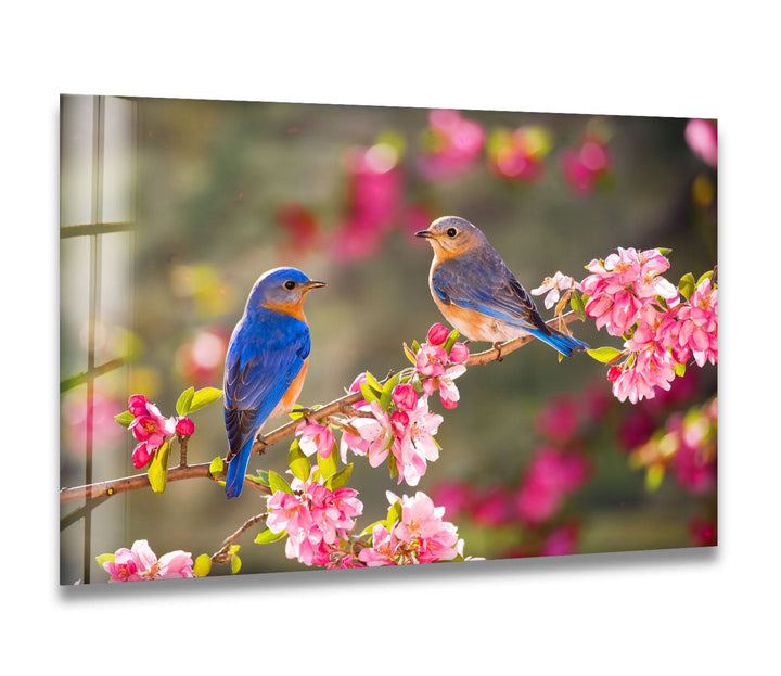 Blaumeisen auf blühendem Baum, Glaswandkunst – Frühlingsnaturszene