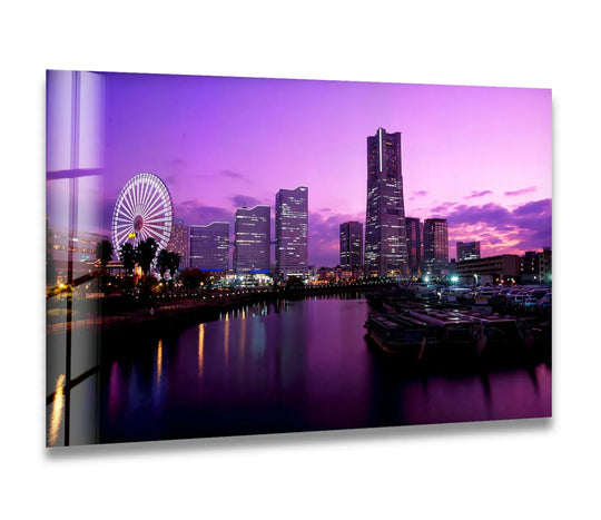 Dramatic color contrast defines this city skyline glass wall art prints, showcasing the luminous purple and twilight hues reflected in the tranquil water.