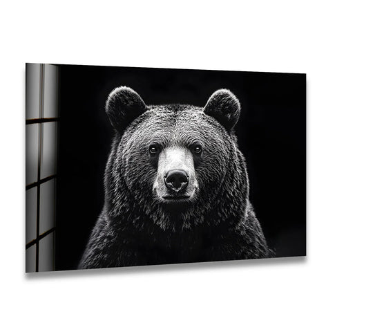 A black-and-white bear's face emerges from the shadows, rendered in a layering effect on decorative wall art.