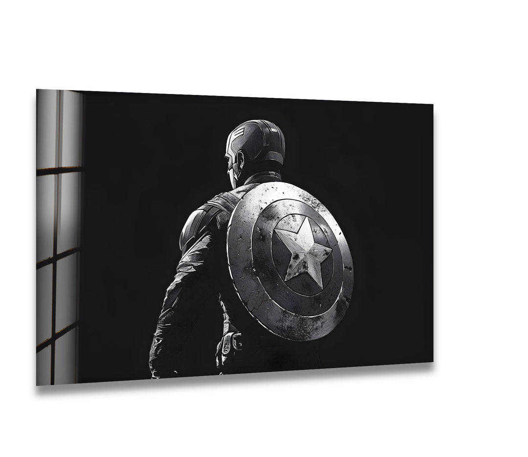 Captain America: Heroic Black and White Portrait on Glass Wall Art
