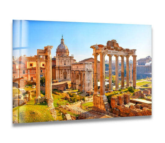 Illuminating the historical Roman Forum and architecture, the hanging wall art showcases the ancient ruins in the city print with a bright, vibrant clarity.