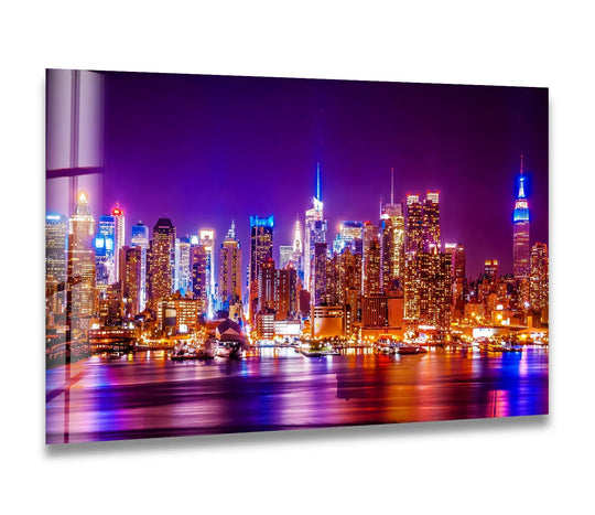City Prints featuring a vivid colorful illuminated skyline and a horizontal orientation New York City Glass Wall Art is vibrant night skyline decor