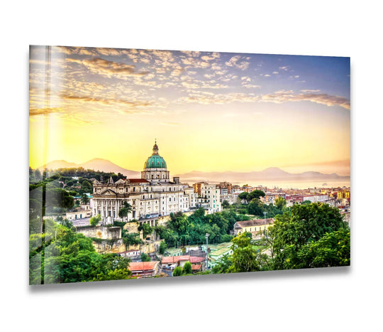 High color saturation vividly highlights the breathtaking sunset over Naples in this glass wall art, making it an eye-catching piece of home decoration.