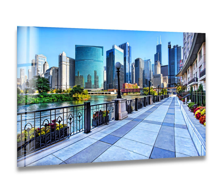 Chicago Riverwalk Glaswandkunst – Atemberaubender Blick auf die Wolkenkratzer der Innenstadt und den Uferweg