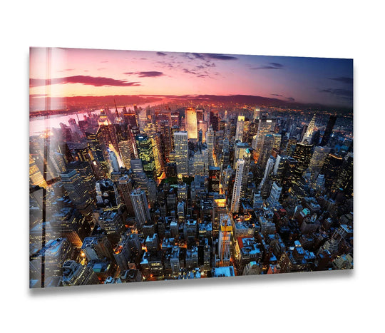 City Prints glass wall art glossy finish and New York City skyline aerial view at sunset makes amazing home decor