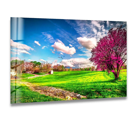 The bright, vibrant spring meadow is the central subject of this hanging wall art, showcasing a beautiful landscape with blooming trees and a clear blue sky.