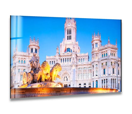 The darkest area reveals the reflective foreground pool beneath the Cibeles Fountain, contrasting against the brightly lit Madrid City Hall in this striking glass art painting.