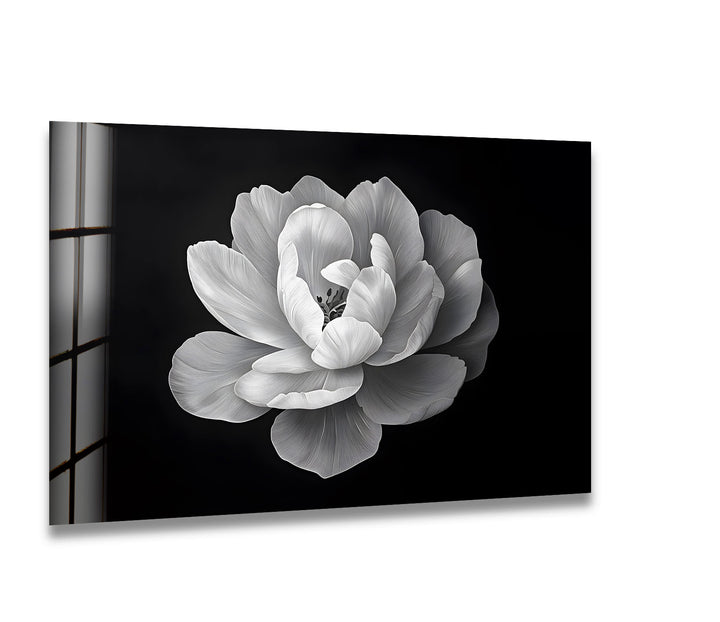 A stunning black and white glass wall art featuring a delicately detailed blooming flower.