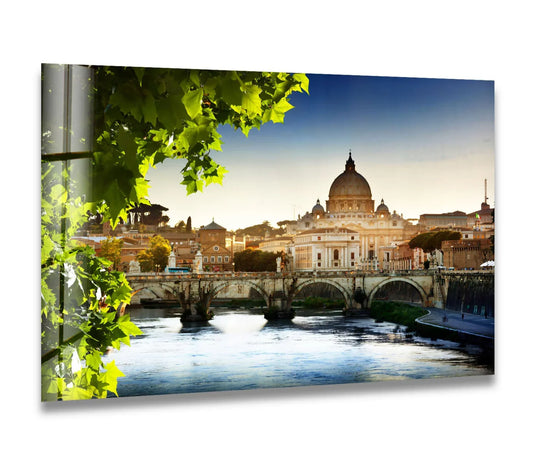 Warm color temperatures illuminate Rome's skyline and St. Peter's Basilica in this vibrant glass art piece, offering a beautiful view of the Tiber River.