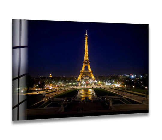 City Prints featuring the Eiffel Tower and skylinesEiffel Tower City Prints glass wall art Paris skyline and lit tower at night plus reflections and architectural details