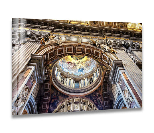Horizontal rectangular glass art painting of the St. Peter’s Basilica Vatican ceiling architecture showcasing the building's orientation and shape.