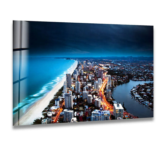 Highlighting the abstract quality, the Gold Coast skyline wall prints create blurred light patterns on the high-rise buildings, giving a stunning, city-lights-at-night view.