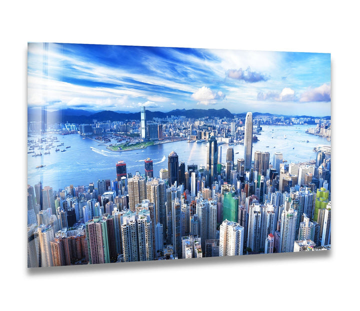 Glaswandkunst mit Skyline von Hongkong – Stadtbild und Hafen aus der Luft