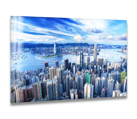 Foreground details showcase stunning Hong Kong cityscape glass wall art, revealing a breathtaking aerial harbor view as captivating wall prints.