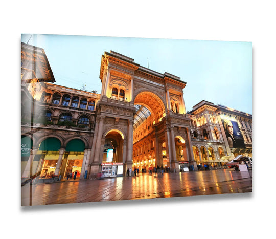 Warm color temperatures illuminate the Galleria Vittorio Emanuele II in this Milan art from glass, creating a radiant dusk scene on the glass wall art.