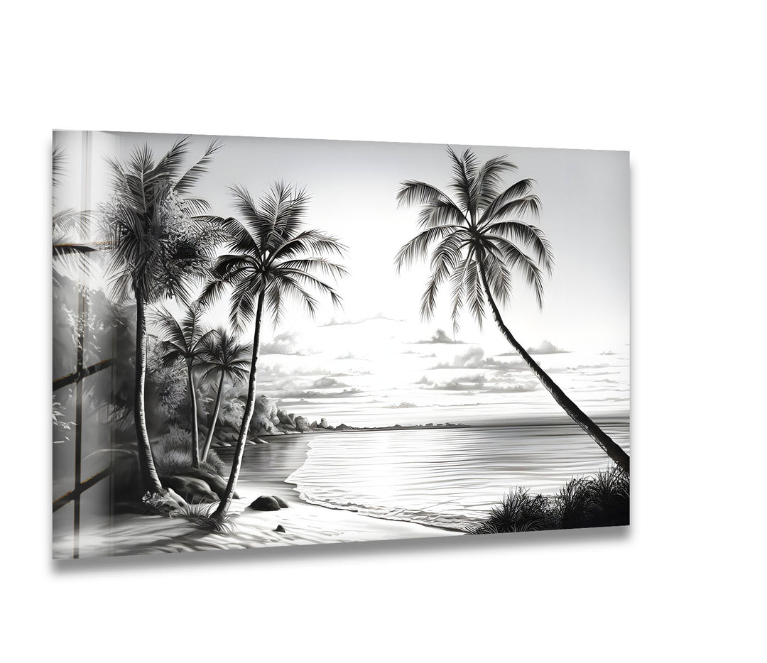 A breathtaking black and white glass wall art featuring a serene tropical beach with swaying palm trees.