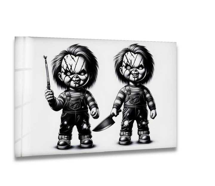 A spine-chilling black and white wall art featuring eerie Chucky-inspired dolls with a sinister presence.

