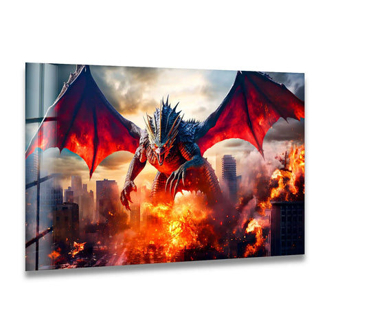 Fierce dragon wreaking havoc, unleashing fiery destruction on a cityscape.
