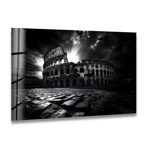 Darkest area defines the powerful contrast in this Roman Colosseum black-and-white architectural design, a stunning piece of glass wall art decor.