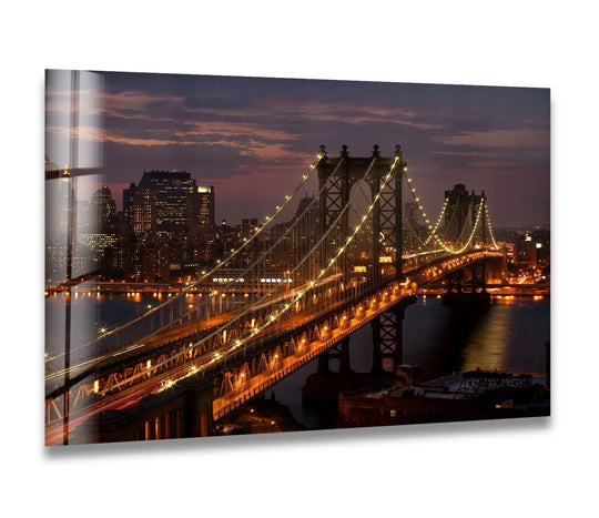 High color saturation enhances this Brooklyn Bridge glass wall artwork, displaying the stunning night view of the iconic bridge with vibrant, radiant lights.