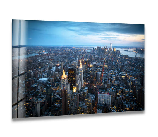 City Prints glass wall art twilight cityscape of New York City skyline and aerial view of Manhattan plus Empire State Building