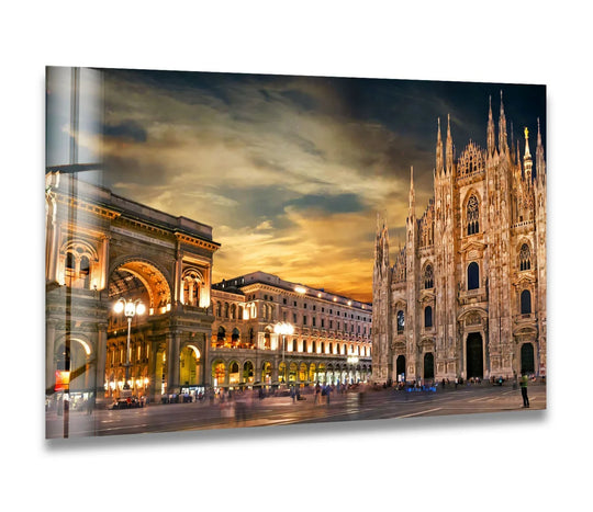 Golden light and shadow play across this Milan Cathedral Cityscape glass wall art, a piece of unique modern wall decor, highlighting its architectural details.