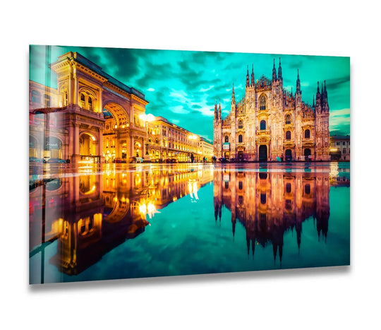 Horizontal rectangle showcases Milan Cathedral reflecting on wet pavement, a stunning addition to wall art prints.