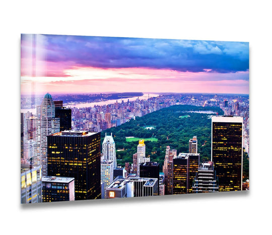 City Prints glass wall art skyline and Central Park sunset view and New York City decor