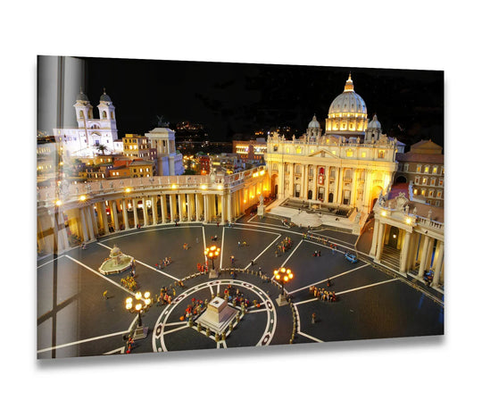 The stillness of night captures St. Peter's Basilica in this Vatican City glass wall art, showcasing unique modern wall decor through its illuminated architecture.
