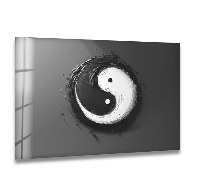 A striking black and white glass wall art featuring a bold brushstroke yin-yang symbol.